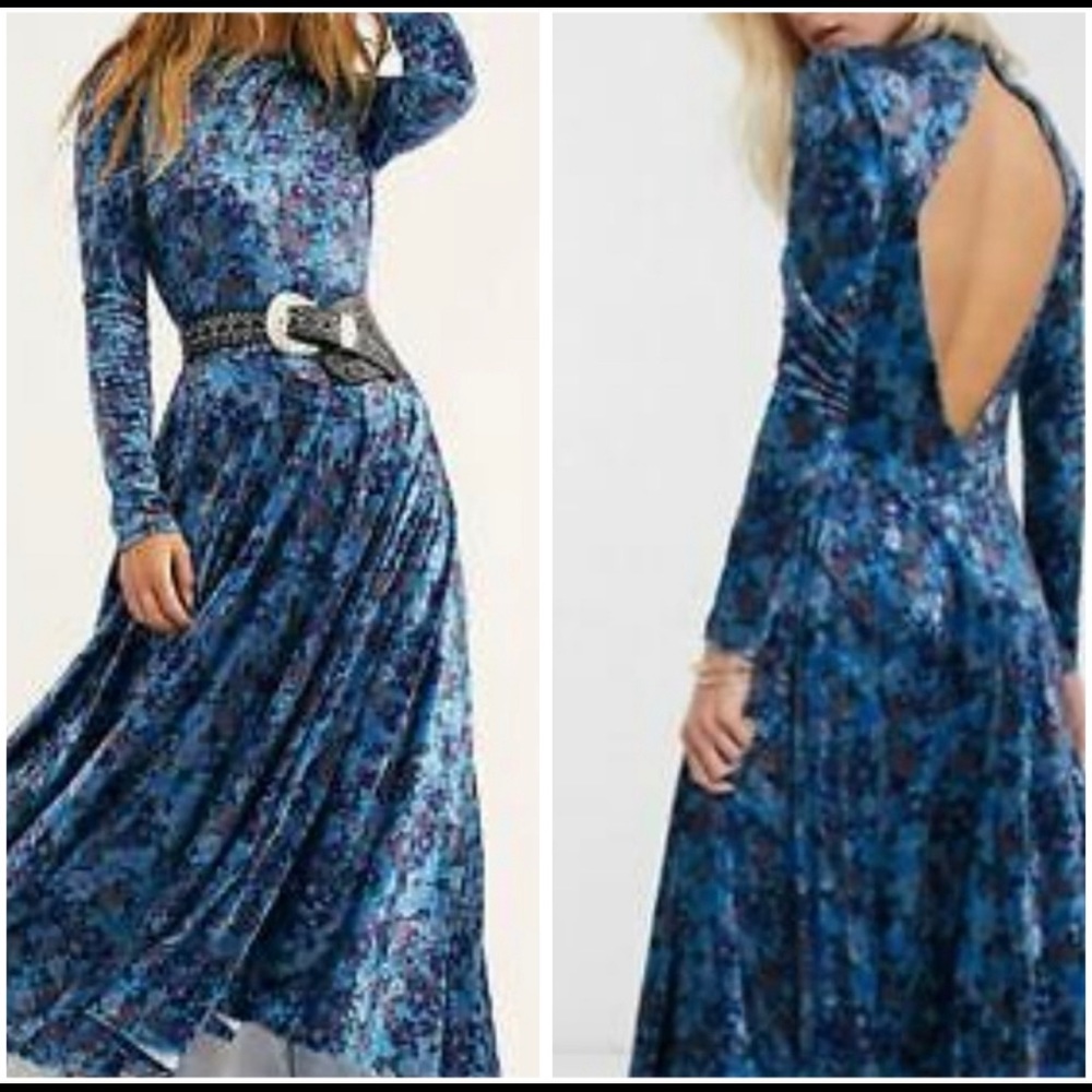 FP HEARTLAND BLUE FLORAL VELVET DRESS - LARGE